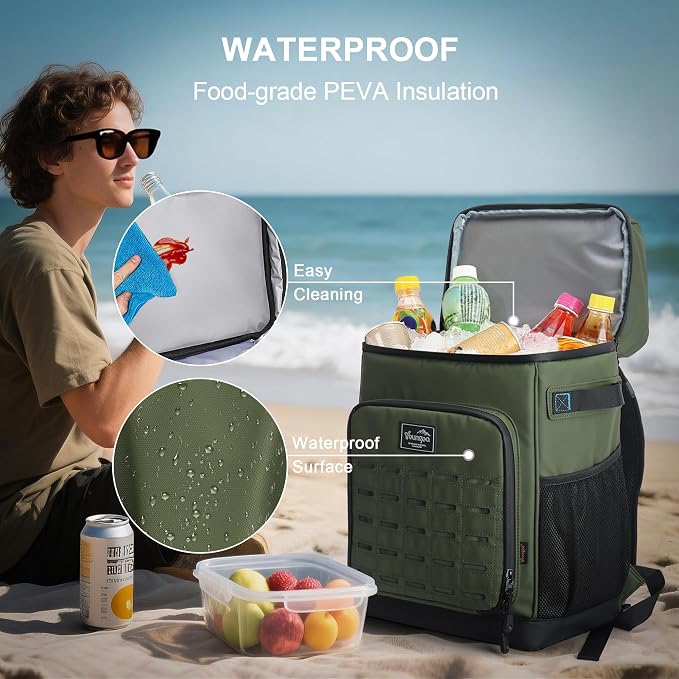 Cooler Backpack Insulated Waterproof for Men and Women, 2 Insulated Compartments Backpack Cooler for Beach Travel Camping, Portable Lightweight (Green, Large)