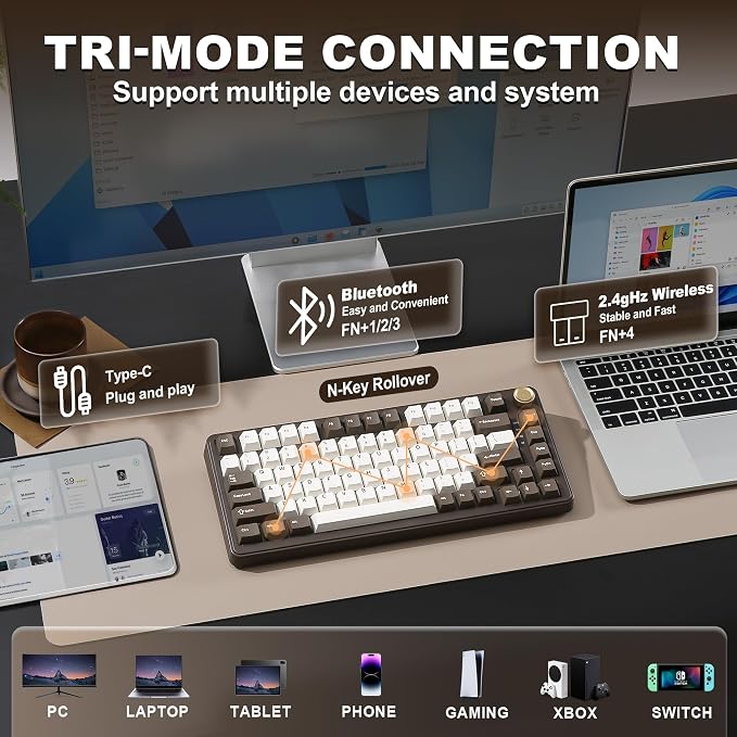 YUNZII B75 PRO Wireless Mechanical Keyboard,75% Layout with Knob,Hot Swap Gasket Structure,Creamy Pre-lubed Switches,RGB Backlit,Bluetooth/Type-C/2.4G for Win/Mac (Coffee Brown, Milk Switch)