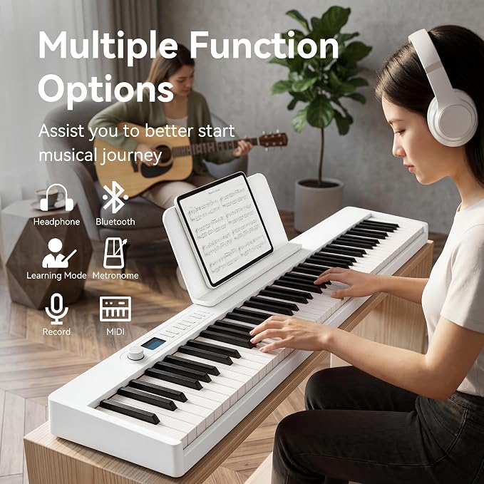 Carina Piano Keyboard, 88 Keys Full Size Semi Weighted Foldable Piano, Portable Electronic Keyboard Piano, Sustain Pedal, Keyboard Stickers, Music Stand and Piano Bag (White)