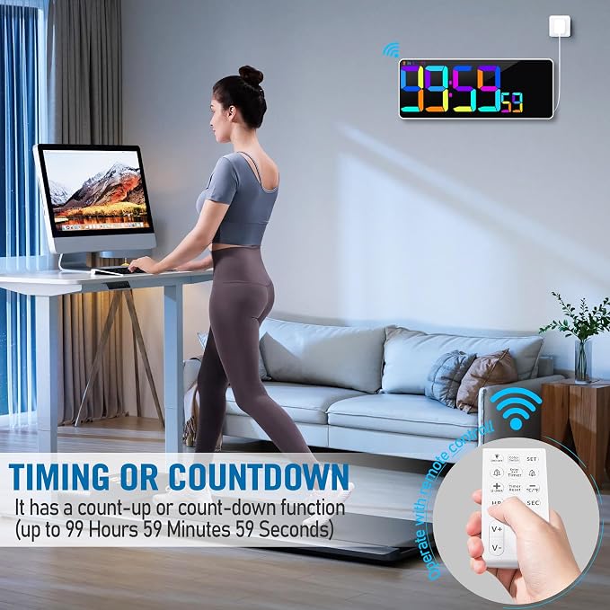 Large 13.7" LED Digital Timer（5''Nunmber）, 11 Color Changing, Count Up/Down Timer with Remote Control, Adjustable Brightness Wall Clock for Home, Office, Gym, Elderly, Auto DST