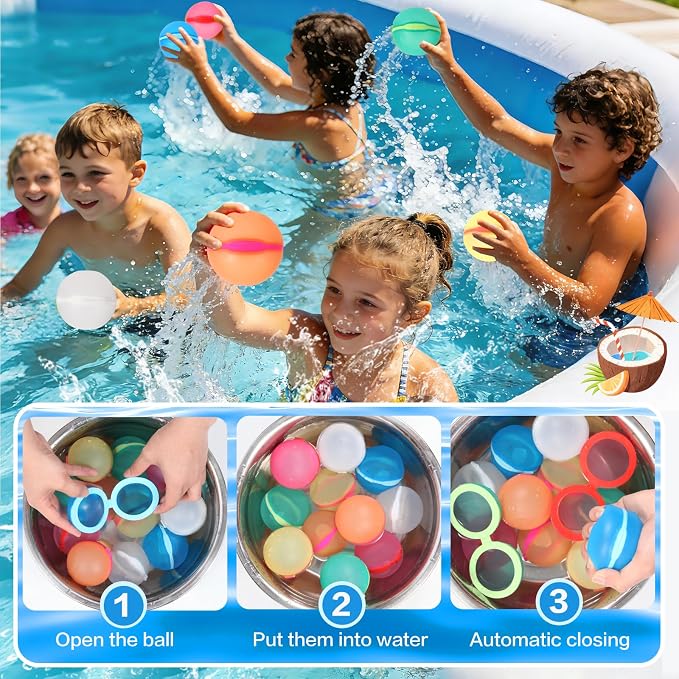 Reusable Water Balloons Refillable for Kids: Soft Silicone Material Self Sealing for Outdoor Activities - Summer Pool Beach Water Bomb for Boys Girls 3-12 Years (24Pack)