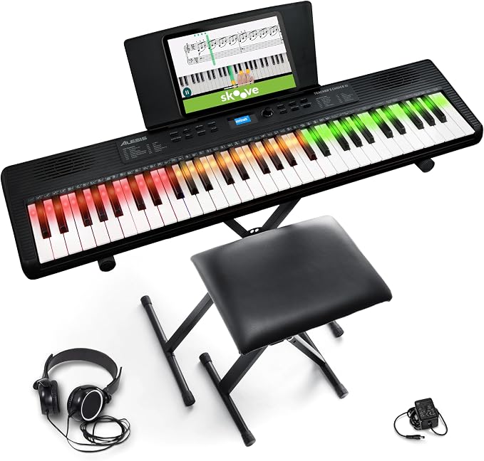 Alesis Teacher's Choice 61 Portable Keyboard Piano for Beginners with 61 Light Up Keys, 300 Sounds, Speakers, Stand, Bench, Headphones and Skoove Music Lessons