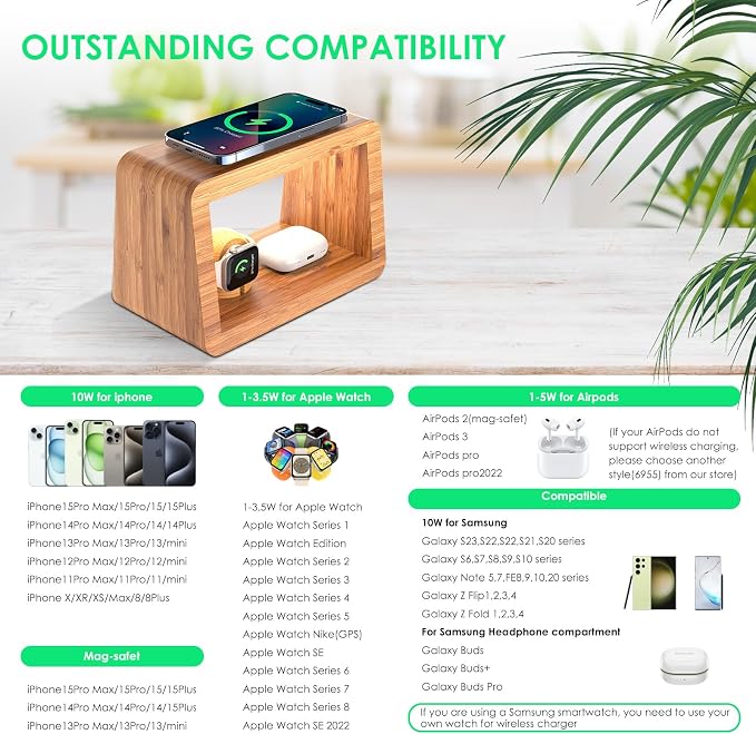 Bamboo Wireless Charging Station: Fast Charger Stand for iPhone 15/14/13/12/11 Pro Max/X/Xs Max/8, AirPods Pro, iWatch Series SE - 3-in-1 Dock