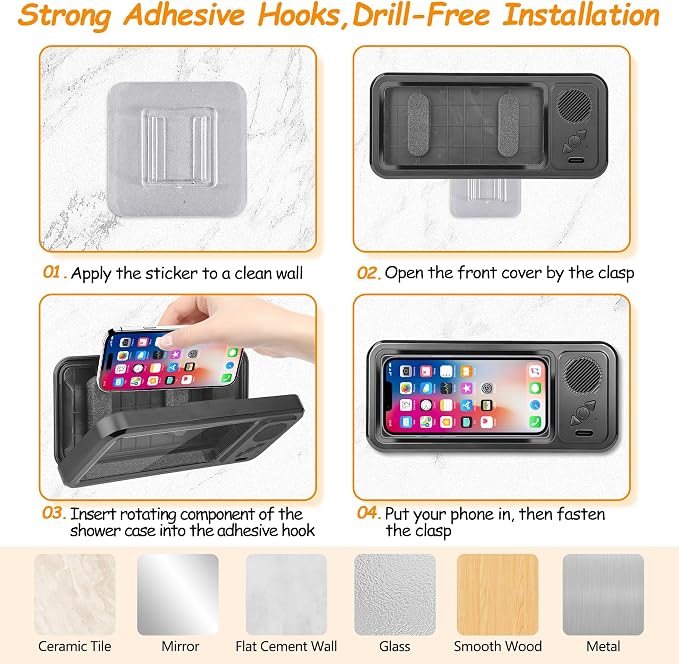 Shower Phone Holder with Wireless Bluetooth Speaker , 480° Rotation Retractable Adjustable Shower Case for iphone ,Bathroom Wall Phone Mount Stand WaterProof Anti Fog,Compatible with All 4-7"Cellphone