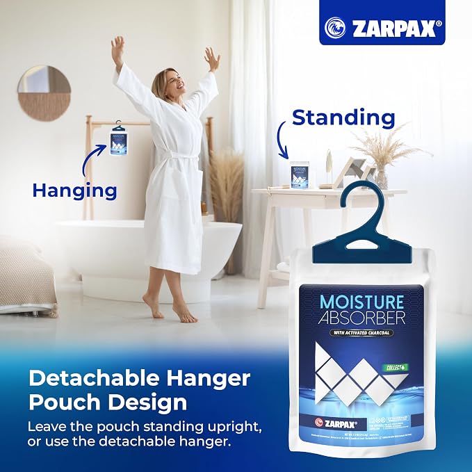 Zarpax Moisture Absorber Sachets Activated Charcoal 7.5 oz/212g - Remove Excess Moisture In Air & Odor - Desiccant Dehumidifier for Closet, Drawer, Storage - Dampness & Humidity Control - Set of 20