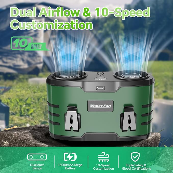 20000mAh Waist Fan for Men Women, Rechargeable Belt Fan With LED Light, Dual Motor Hands-Free, Wearable Personal Cooling Fan for Construction HVAC Roofer Warehouse Hiking Fishing Camping Jobsite