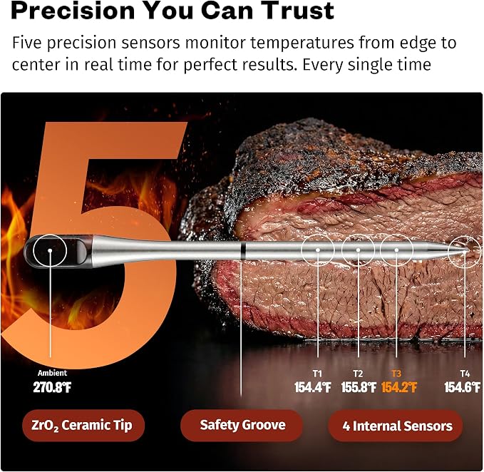 East Oak Wireless Meat Thermometer | 5-Sensor Precision for Chef-Level Results | Extreme Heat Resistance | Smart App Remote Monitoring | Perfect for Grills, Smokers, Ovens & Air Fryers, Brown