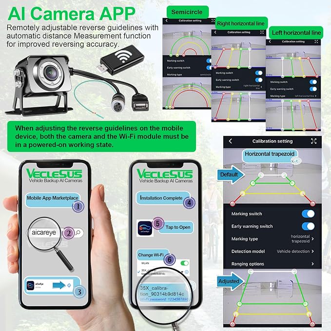 Backup AI Camera for Trucks,VAS Wire Reversing AI Camera System 7-inch 1080P HD Monitor 3 Video 2 Audio Inputs with Automatic Pedestrian&Vehicle Detection,Adjustable Reverse Guidelines