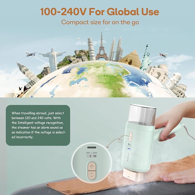 Newbealer Pro Business Travel Steamer, 1200W Dual Voltage, 180ml (Green) | Foldable & 20s Fast Heat, 360° Anti-Spill Garment Steamer, Solid 1.72 lbs, Auto-Off, for Global Business Trip/Hotel/Office