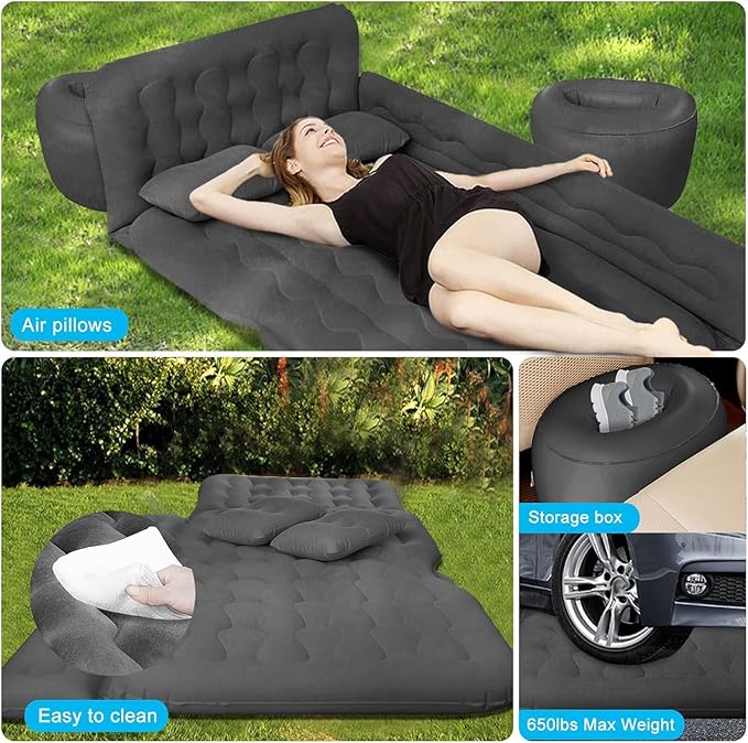 Car Bed SUV Air Mattress, Car Air Mattress with Electric Pump, 2 Inflatable Pillows and 2 Footrests for Back Seat, Side Seat,Trunk Sleeping, Thickened Camping Bed - Black