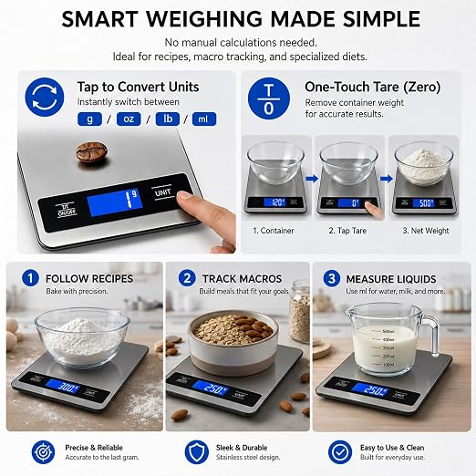 33lb/15kg Kitchen Food Scale, High Precision 1g for pet Care, Cooking, Meat | Stainless steel digital weight scale with timer & backlit LCD, tare & unit conversion (g/oz/ml/lb) for baking, coffee, bread