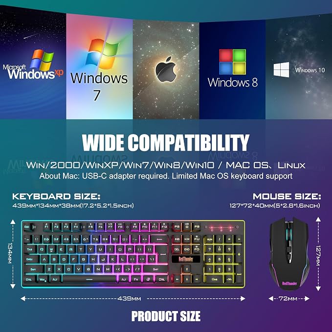 RedThunder K10 Wireless Gaming Keyboard and Mouse Combo, RGB Backlight Rechargeable 3800mAh Battery, 26-Key Anti-ghosting Keyboard + 7D 3200DPI Mice for PC Gamer