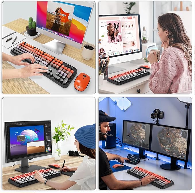 Orange Wireless Keyboard and Mouse Combo, Cute Retro Typewriter Style Round Key Keyboard, Letton Colorful Bubble Full Size Keyboard with Number Pad for Long Nails PC Laptop Office
