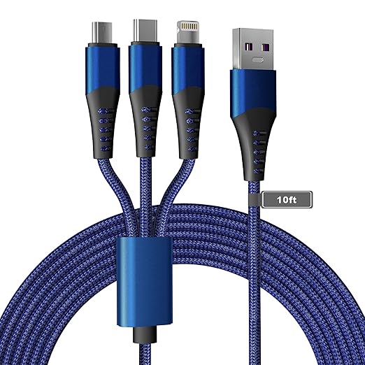 Multi 3 in 1 USB Long Charger Cable, 3M/10Ft 6A PD Fast Braided Charging Cord, Universal Multiple Ports Long Charging Cable with USB C/Micro USB/Lightning Connector