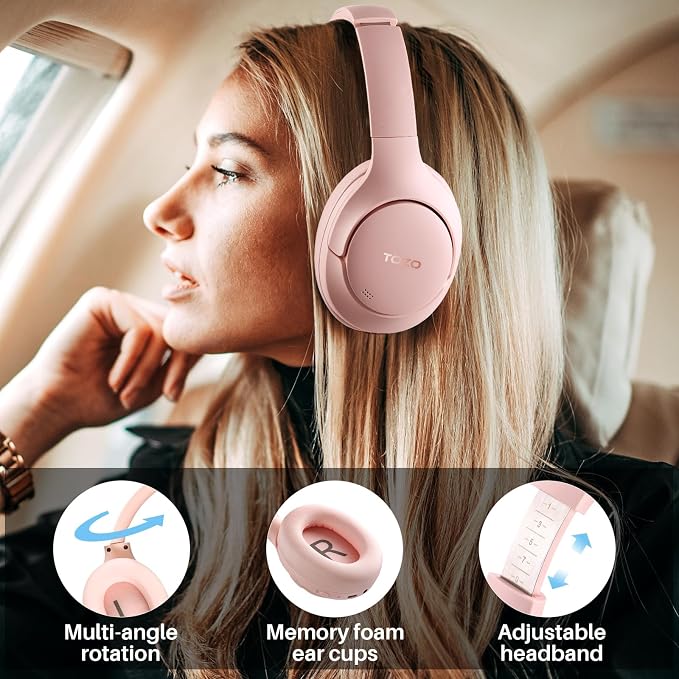 TOZO Hybrid Active Noise Cancelling Headphones, Wireless Over Ear Bluetooth Headset, 60H Playtime, Hi-Res Audio Custom EQ via App Deep Bass Comfort Fit Ear Cups, for Home Office Travel