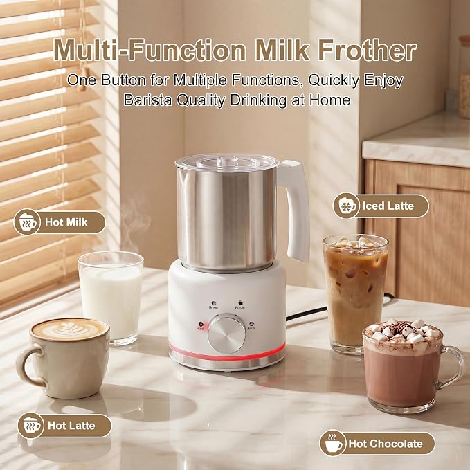 Milk Frother, 16.9 OZ Milk Frother and Steamer, 4 in 1 Electric Milk Frother Dishwasher Safe Durable Silent Frother for Coffee Hot and Cold Foam Maker (White Stainless)