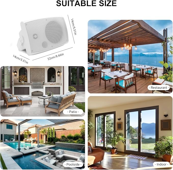 Herdio 4" Passive Outdoor Speakers Waterproof Wired, 200W Wall Mount Speakers with Superior Sound,Dual Swivel Brackets for Patio/Deck/Backyard (Pair, White)