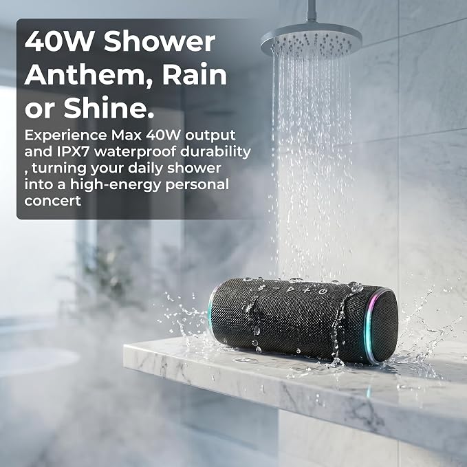 Bass Boosted Bluetooth Bike Speaker, IPX7 Waterproof Portable Wireless Outdoor Speaker, 25-Hour Playtime, LED Lights, TWS Pairing for Pool, Beach, Shower, Gifts (Black)