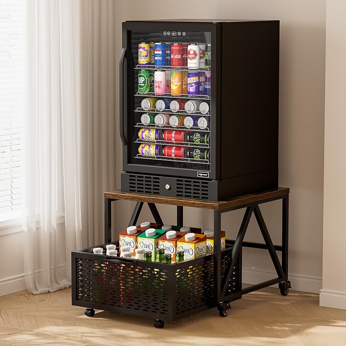 Urban Deco Mini Fridge Stand with Storage,Heavy Duty Fridge Cart with Drawer Basket,Mini Refrigerator Table for 220LBS,Mobile Fridge Stand with Swivel Wheels for Dorm,Home,Brown(Frame with Wheels)