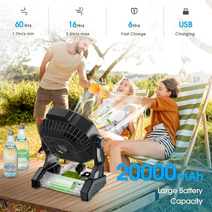JINLICTE Portable Camping Fan, Rechargeable Battery Powered Tent Fans for Camp Hanging, [13-60Hrs Runtime], 9 Inch, Stepless Speed, Powerful&Quiet, for Picnic, Barbecue, Fishing, Travel, Home, Tent