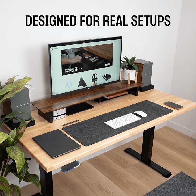 COREMINDED Solid Wood Dual Monitor Stand Riser – 42" Walnut Desk Shelf for 2 Monitors with Tray & Wool Felt, Organizer for Desktop, Laptop and Office (Walnut)
