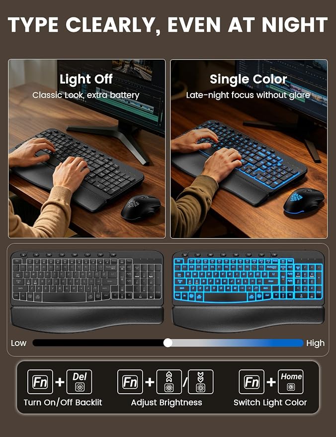 SABLUTE Wireless Keyboard and Mouse Combo Ergonomic - MA12Pro Wave Keyboard with Leather Wrist Rest for Comfortable Typing, RGB Backlit Rechargeable for Windows, Mac, PC, Laptop