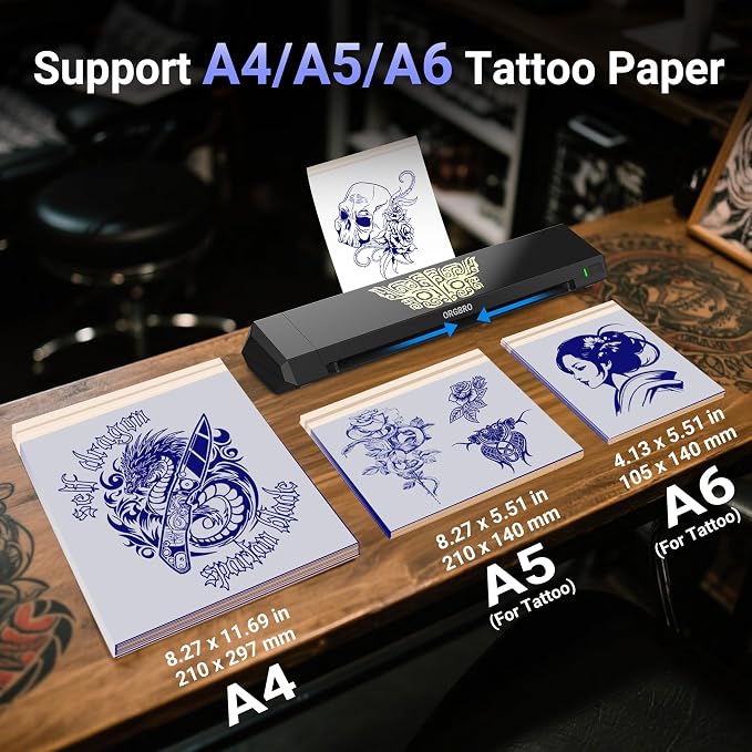 ORGBRO Tattoo Stencil Printer, X8 Thermal Tattoo Transfer Printer with 30pcs Transfer Paper, A4/A5/A6 3-in-1 Wireless Tattoo Machine for Tattoo Artists & Beginners, Compatible with Phone/Tablet/PC