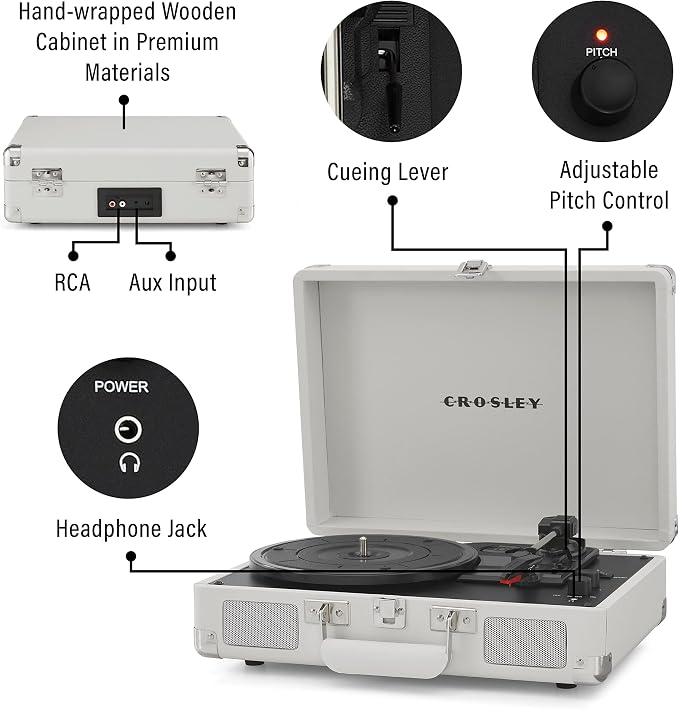 Crosley CR8005F-WS Cruiser Plus Vintage 3-Speed Bluetooth in/Out Suitcase Vinyl Record Player Turntable, White Sand