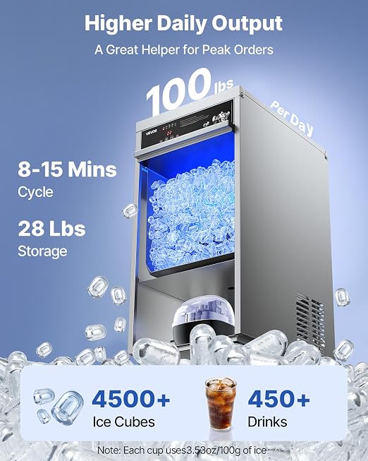 VEVOR Commercial Ice Maker Machine, 100 lbs/24h with 30-35 lbs Storage, Bullet Ice,Built-in/Freestanding/Under Counter, Stainless Steel Ice Maker with LED Display for Home Bar Restaurant