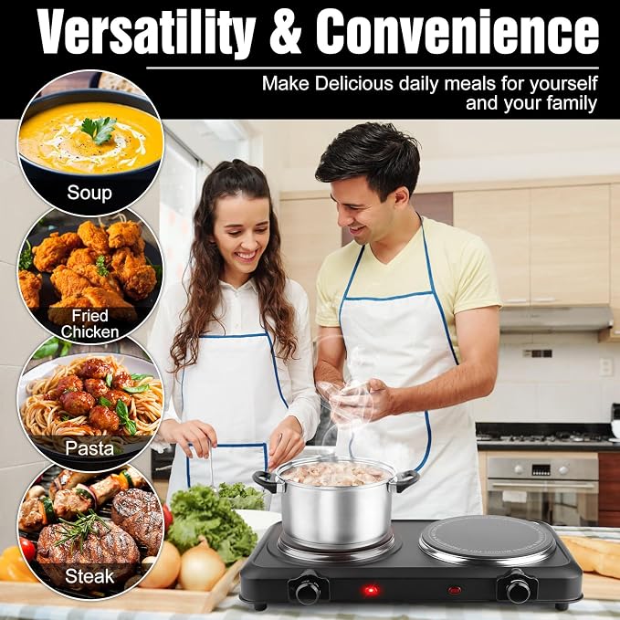 2000W Hot Plate,Portable Electric Stove Countertop Double Burner Infrared Burner with 7.5” & 6.3” Ceramic Glass Cooktop Stepless Temperature Adjustments for Home RV Camp