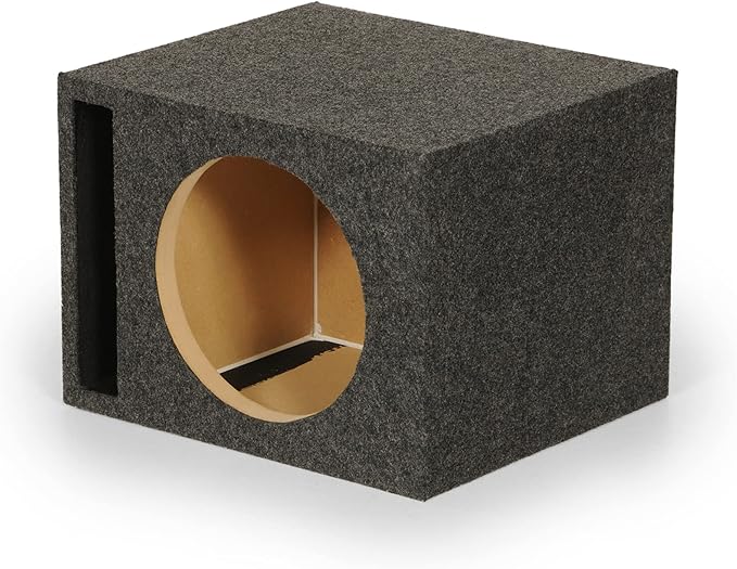 QPower Single Car Audio Subwoofer Box with Vented Design, Fits Most 12-Inch Subwoofers – Deep Bass MDF Enclosure for with Charcoal Gray Carpet, Tuned to 42 Hertz, 1.65 Cu Ft Air Space