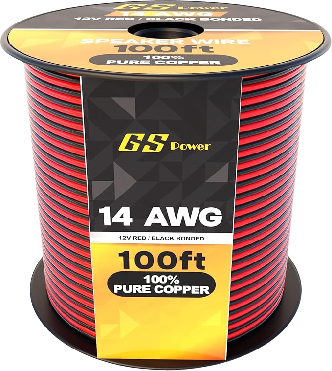GS Power 14 Gauge Wire 100ft Oxygen Free, OFC Pure Copper Electrical 12v Low Voltage Speaker Wire Spool, 14AWG for Electric, Automotive, Trailer, Stereo, RC, Car, Home Theater, LED, Lamp Wiring