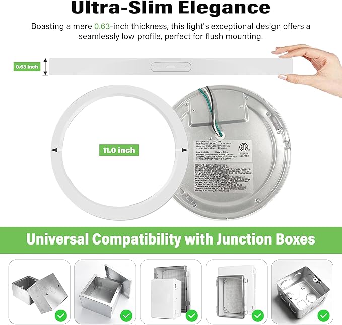 Flush Mount Ceiling Light Fixture - ETL Certified -11 Inch Dimmable 5000K Daylight White LED, 0.63'' Ultra Thin Round Design for Bedroom, Bathroom, Kitchen, Hallway, Basement, Closet (3-Pack)‌