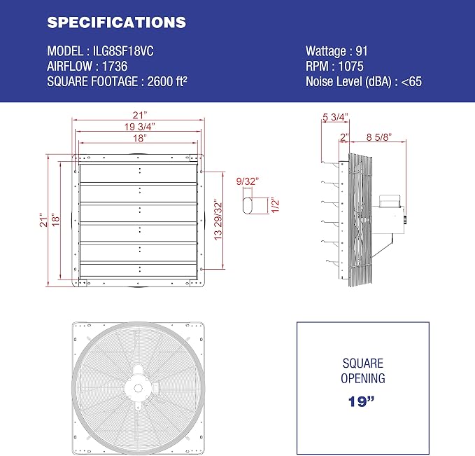 iLiving 18" Shutter Exhaust Fan with Wireless Smart Remote Controlled Thermostat and Humidity, Variable Speed Wall Mounted Attic Vent Fan, Chicken Coop Ventilation, 1736 CFM, 2600 SQF Coverage Area