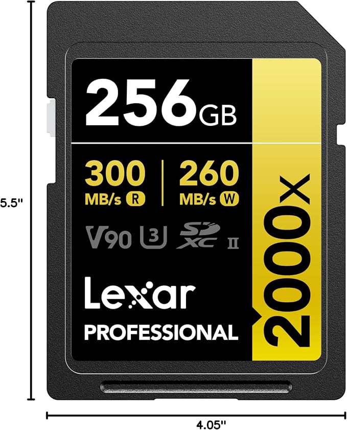 Lexar 256GB Professional 2000x SD Card, UHS-II, C10, U3, V90, Full HD, 8K, Up To 300MB/s Read SDXC Memory Card, for DSLR, Cinema-Quality Video Cameras (LSD2000256G-BNNNU)