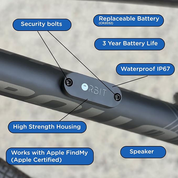 Orbit Velo - Advanced Bike Tracker with Apple Find My, Global GPS Location on iPhone, iPad, Mac & Apple Watch, Waterproof with 3 Year Battery Life, Secure Mount for Bottle Holder | item-finders