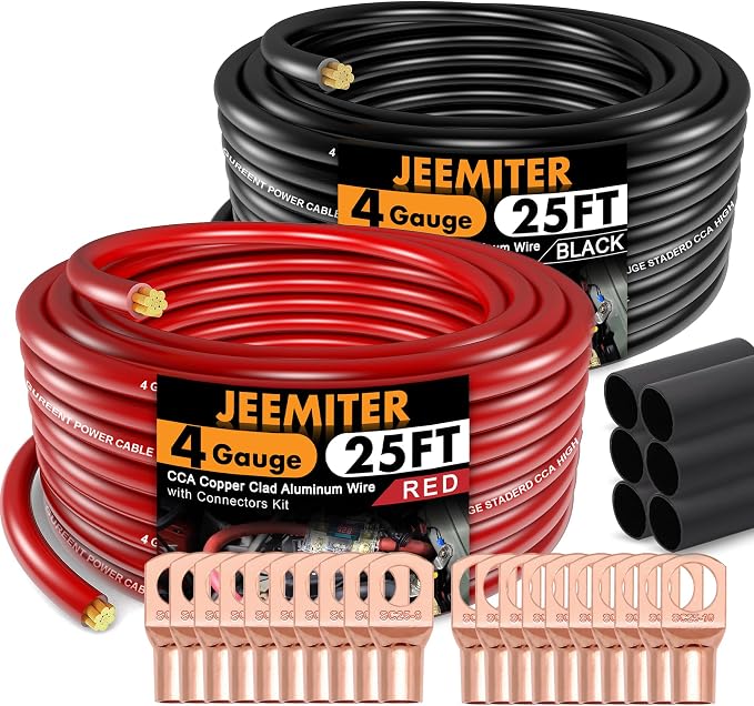 Jeemiter 4 Gauge Wire Copper Clad Aluminum CCA (25ft Each - Red/Black) with Lug Terminal Connectors,3:1 Heat Shrink Tubing for Amplifier,Automotive,Power/Ground Cable