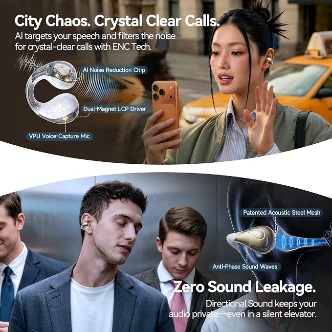 Linklike Next-Gen Most Comfortable Open Ear Clip-on Earbuds [Patented 0-Pressure] [Longest 70H Playtime] [Master-Tuned Hi-Res LDAC] AI Clear Calls, IP55 Lightest 4.7g Fit for All Ears, Ideal Gift-Blue