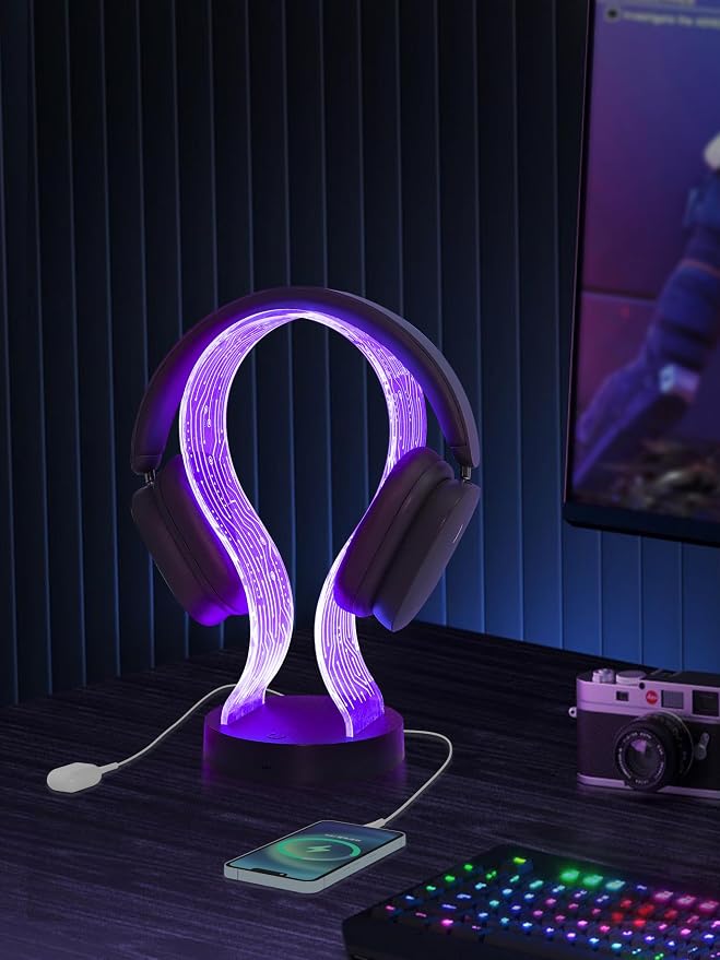YuanDian RGB Headphone Stand, 16 Colors LED Lighting with Remote Control, Base with USB & Type-C Charging Port, Dimmable & Timer, Gaming Accessories Gift forGamers Men Boy & Music Lovers