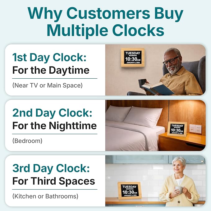 American Lifetime New 2026 Dementia Clock Large Digital Clock for Seniors, Alzeimer Clock Large Display with Custom Alarms, Clock with Day & Date for Elderly, Digital Calendar Premium Light Wood
