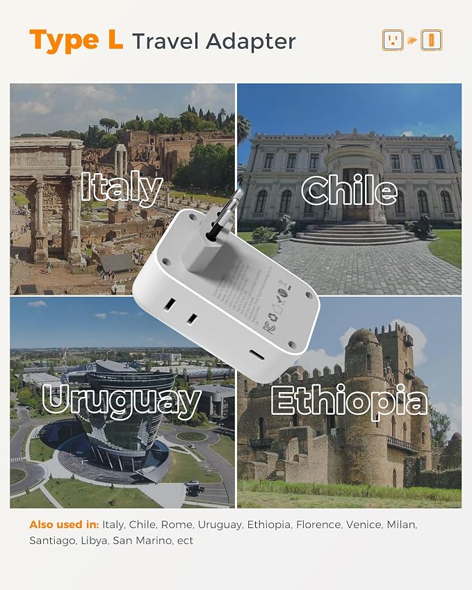 Italy Travel Plug Adapter 28W, TESSAN Italy Power Adapter with 4 Outlets 5 USB Ports (3 USB-C), Type L Outlet Adaptor for US to Italy Italian Chile Rome Uruguay Venice Libya Syria Tunisia, 2 Packs