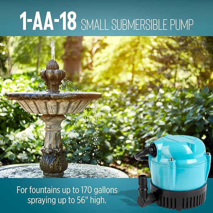 Little Giant 1-AA-18 115 Volt, 1/200 HP, 170 GPH Small Submersible Permanently Oiled Pump for Fountains, Water Displays and Air Conditioners, 18-Foot Cord, Blue, 500500