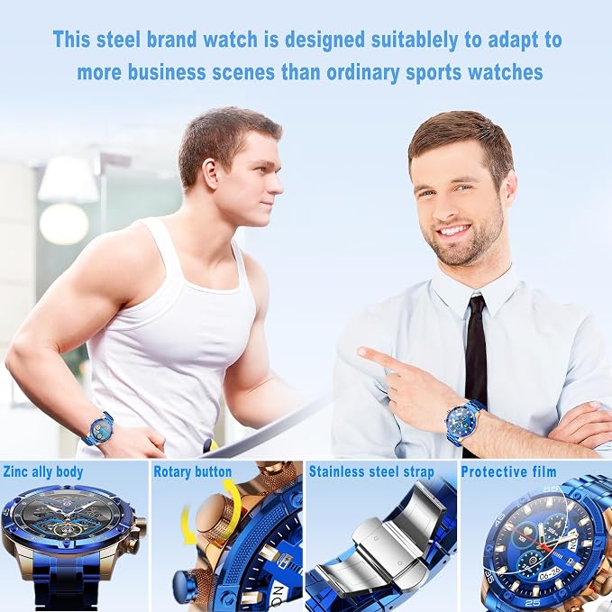 Men's Smart Watch Round HD 1.53" Gold Blue Smart Watches for Men, Multiple Sports Modes, Bluetooth Voice Call. Available for iOS and Android (Blue Steel)