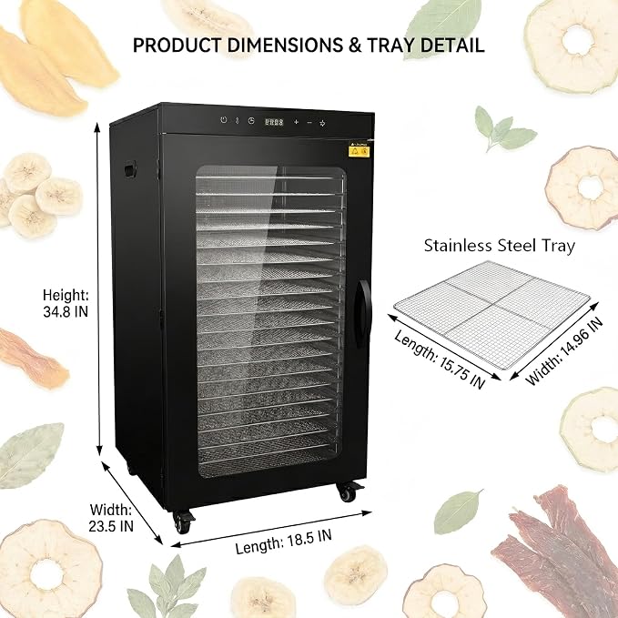 CLIVIA Commercial Food Dehydrator, 32.73 ft² Dehydrator with Wheel, 1600W Extra Large Capacity 20 Tray Industrial Meat Dryer for Jerky, Fruit, Dog Treats, 194°F Max Temp & 0-24H Timer