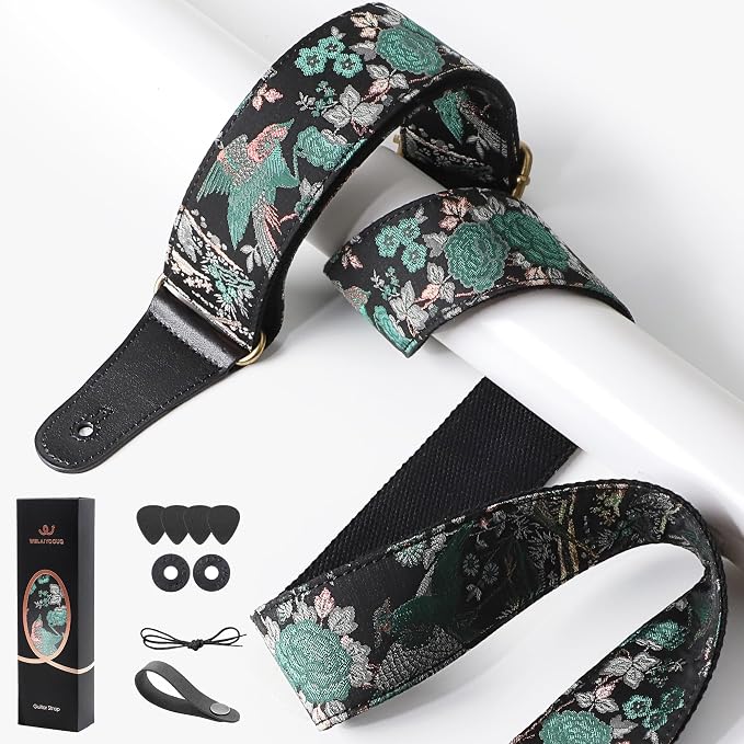 Guitar Strap, Electric& Acoustic Bass Guitar Straps,Embroidered Filament with Head Cowhide Leather Strap, with Free Strap Button,2 Guitar Strap Locks，4Guitar Pick (Birds and Flowers)