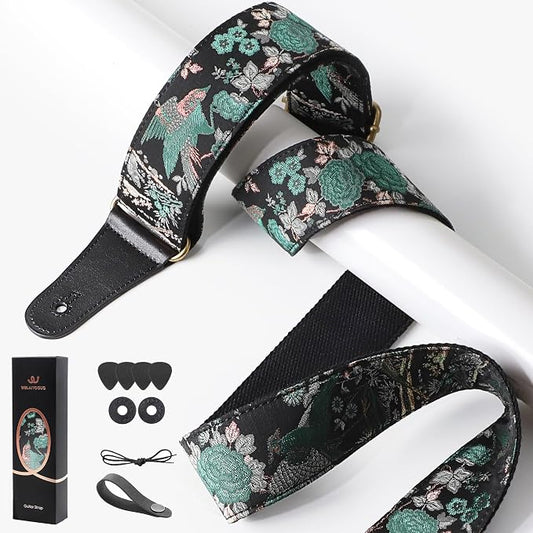 Guitar Strap, Electric& Acoustic Bass Guitar Straps,Embroidered Filament with Head Cowhide Leather Strap, with Free Strap Button,2 Guitar Strap Locks，4Guitar Pick (Birds and Flowers)
