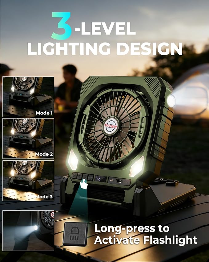 22000mAh Camping fan with Dual Solar Panel, 10" Rechargeable Solar Powered Fans with LED Light and Arc Flashlight for Outside, 180° Swivel Oscillating Battery Operated Tent Cooler for Picnic, Fishing
