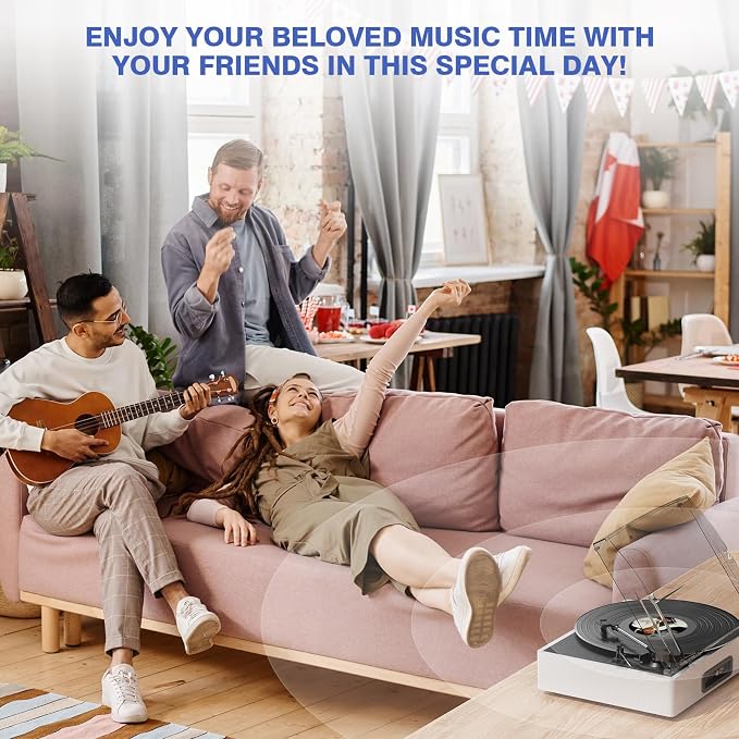 Vinyl Record Player with 2 Stereo Speakers Belt-Driven Vintage Turntables 3 Speed 3 Size Wireless Bluetooth Playback AUX-in RCA Out Headphone LP Vinyl Players Auto Stop Pale Silver