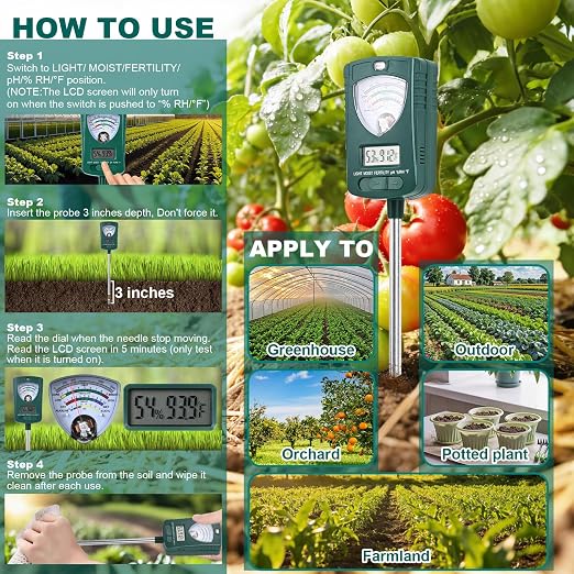 AIKOR 7-in-1 Soil Tester Measures Soil Moisture, pH, Fertility, Light Intensity, Soil Temp, air Temp & Humidity. Pointer & LCD Display. for Garden, Farm, Lawn, Indoor/Outdoor Plant Monitoring.