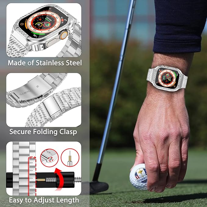 MioHHR Stainless Steel Band and Case Compatible with Apple Watch Band 49mm, Men Metal Protective Bumper Cover for iWatch Series Ultra 3/2/1, Silver Pattern